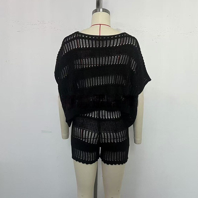 Womens Crochet Knit Two-Piece Set Beach Cover Up Short Sleeve Top with Shorts